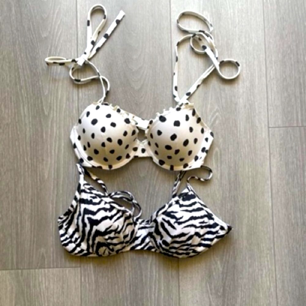 Lot of TWO bikini tops Zebra Print + Polka Dot  32 & 34 B LIKE NEW